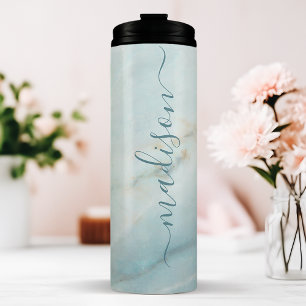 Eleganter blauer Marmor-Chic-Signatur-Name Thermosbecher