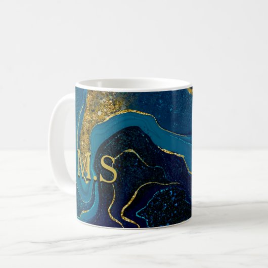 Eleganter blauer Marmor Imitat Gold Glitzer Kaffeetasse (Vorderseite Links)