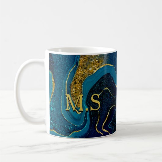 Eleganter blauer Marmor Imitat Gold Glitzer Kaffeetasse (Links)