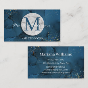 eleganter blauer Marmor-Monogramm-Nageltechniker Visitenkarte