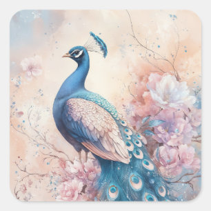 Eleganter blauer Pfau auf blumigem Ast sitzend Quadratischer Aufkleber