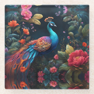 Eleganter blauer Pfau im farbenfrohen Garten Glasuntersetzer
