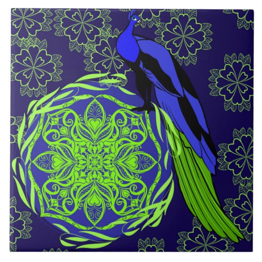 Eleganter blauer Pfau mit grünem Mandala Fliese (Vorderseite)