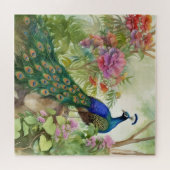 Eleganter Blauer Pfau Rosa Blume Wald Puzzle (Horizontal)