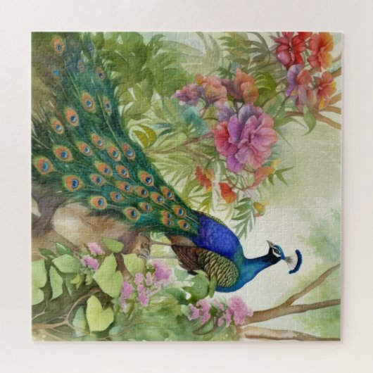 Eleganter Blauer Pfau Rosa Blume Wald Puzzle (Horizontal)