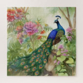 Eleganter Blauer Pfau Rosa Blume Wald Puzzle (Vertikal)
