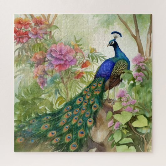 Eleganter Blauer Pfau Rosa Blume Wald Puzzle (Vertikal)