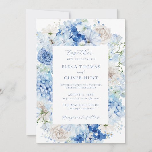 Eleganter Blauer Rahmen Hochzeit Einladung (Vorderseite)