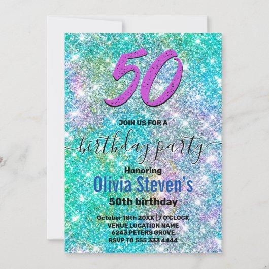 Eleganter blauer Regenbogen-Glitzer jeder Alterskl Einladung (Vorderseite)