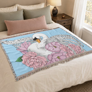 Eleganter blauer romantischer Schwan-Pfingstrosen- Decke