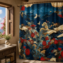 Eleganter blauer roter japanischer floraler Kranic Duschvorhang