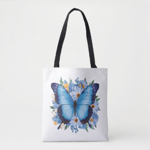 Eleganter blauer Schmetterling auf Blumen Tasche