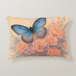 Eleganter Blauer Schmetterling und Peach Floral Wa Dekokissen