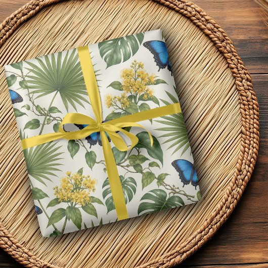 Eleganter blauer Schmetterlings-Botanik-Wrap Geschenkpapier