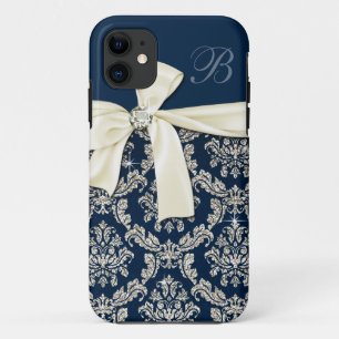 Eleganter blauer silberner Damast-Diamant-Bogen iPhone 11 Hülle