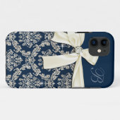 Eleganter blauer silberner Damast-Diamant-Bogen Case-Mate iPhone Hülle (Rückseite (Horizontal))