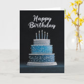 Eleganter blauer silberner Geburtstagskuchen Karte (Gelbe Blume)