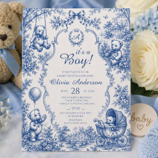 Eleganter blauer Toile-Teddybär, It's a Boy-Shower Einladung