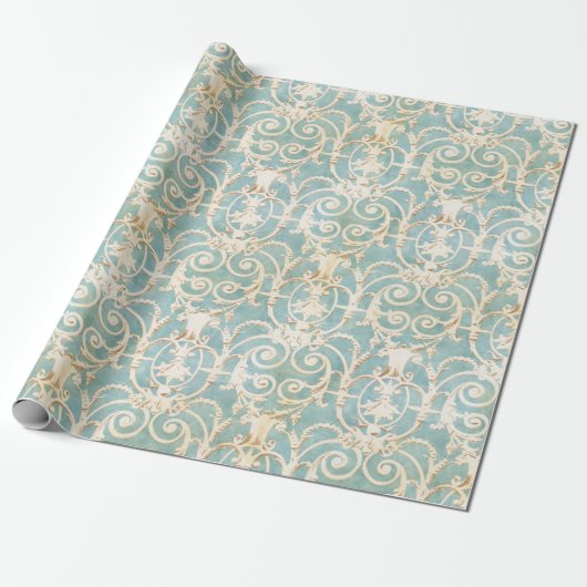 Eleganter blauer und beige Damast Geschenkpapier (Ungerollt)