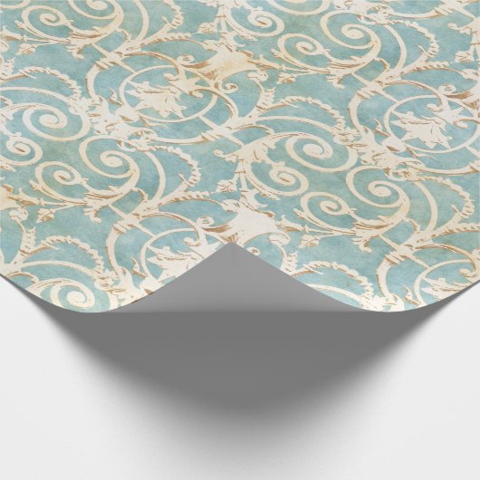 Eleganter blauer und beige Damast Geschenkpapier (Ecke)