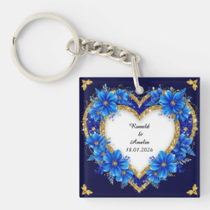 Eleganter blauer und goldener Herzrahmen Schlüsselanhänger