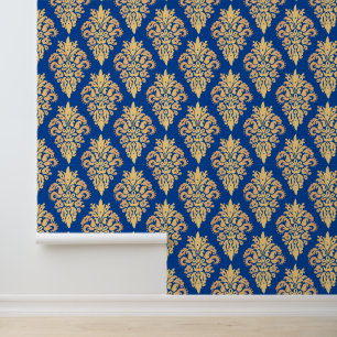 Eleganter blauer und goldener klassischer Damast Tapete