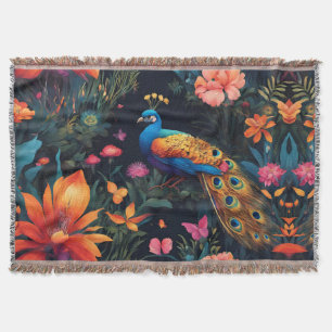 Eleganter blauer und goldener Pfau im rosa Garten Decke