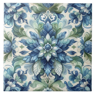 Eleganter Blauer und Grüner Blumendekor Geblüht Fliese