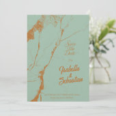 Eleganter Blauer und Kupfermarmor Save the Date ab Einladung (Stehend Vorderseite)