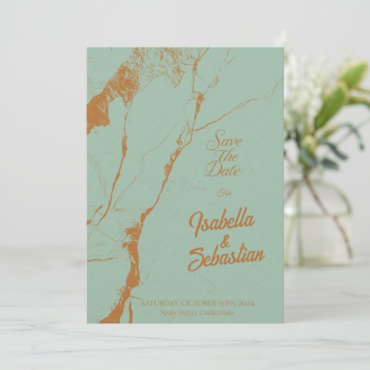 Eleganter Blauer und Kupfermarmor Save the Date ab Einladung (Stehend Vorderseite)