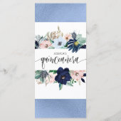 Eleganter Blauer und rosafarbener Blumenstrauß Qui Menükarte (Rückseite)