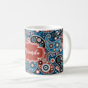 Eleganter Blauer und Roter Paisley - Eigener Text Kaffeetasse