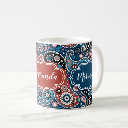Eleganter Blauer und Roter Paisley Print Custom Te Kaffeetasse (VorderseiteRechts)