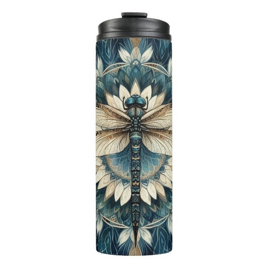 Eleganter Blauer und Weiße Libelle Mandala Thermosbecher (Vorderseite)