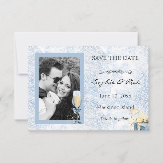 Eleganter Blauer und Weißer Champagner Save the Da Date (Vorderseite)