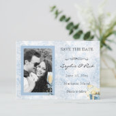 Eleganter Blauer und Weißer Champagner Save the Da Date (Stehend Vorderseite)