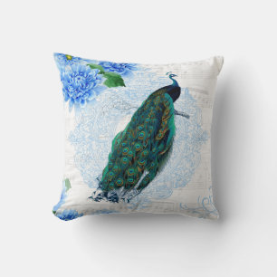 Eleganter blauer und weißer floraler Pfau Kissen