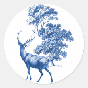 Eleganter blauer Vintage-Toile-Hirsch im Wald Runder Aufkleber