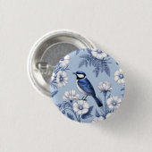 Eleganter blauer Vogel und weißes Blumenmuster Button (Vorne & Hinten)