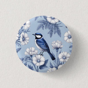 Eleganter blauer Vogel und weißes Blumenmuster Button