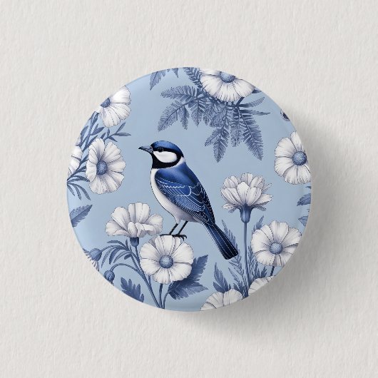 Eleganter blauer Vogel und weißes Blumenmuster Button (Vorderseite)