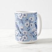 Eleganter blauer Vogel und weißes Blumenmuster Kaffeetasse (VorderseiteRechts)