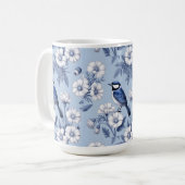 Eleganter blauer Vogel und weißes Blumenmuster Kaffeetasse (Vorderseite Links)