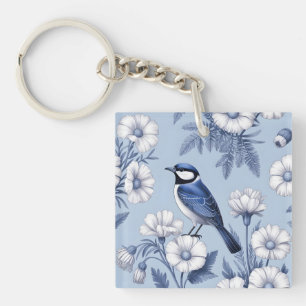 Eleganter blauer Vogel und weißes Blumenmuster Schlüsselanhänger
