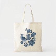 Eleganter blauer Volkskunst-Vogel und Blumendekor