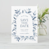 Eleganter, blauer Wasserfarbenfroh Arch Save The Date (Stehend Vorderseite)