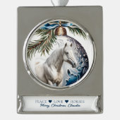 Eleganter, blauer Weihnachtspferd Banner-Ornament Silber (Vorderseite)