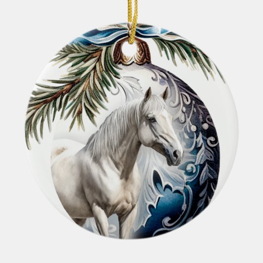 Eleganter, blauer Weihnachtspferd Keramik Ornament (Vorne)