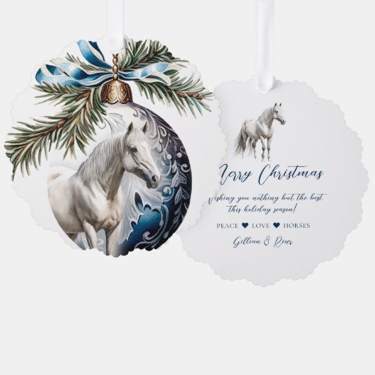 Eleganter, blauer Weihnachtspferd Ornament Karte (Vorderseite/Rückseite)