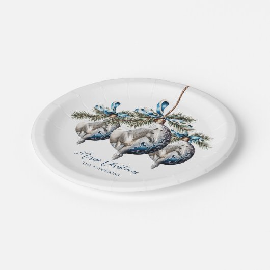 Eleganter, blauer Weihnachtspferd Pappteller (Schrägansicht)